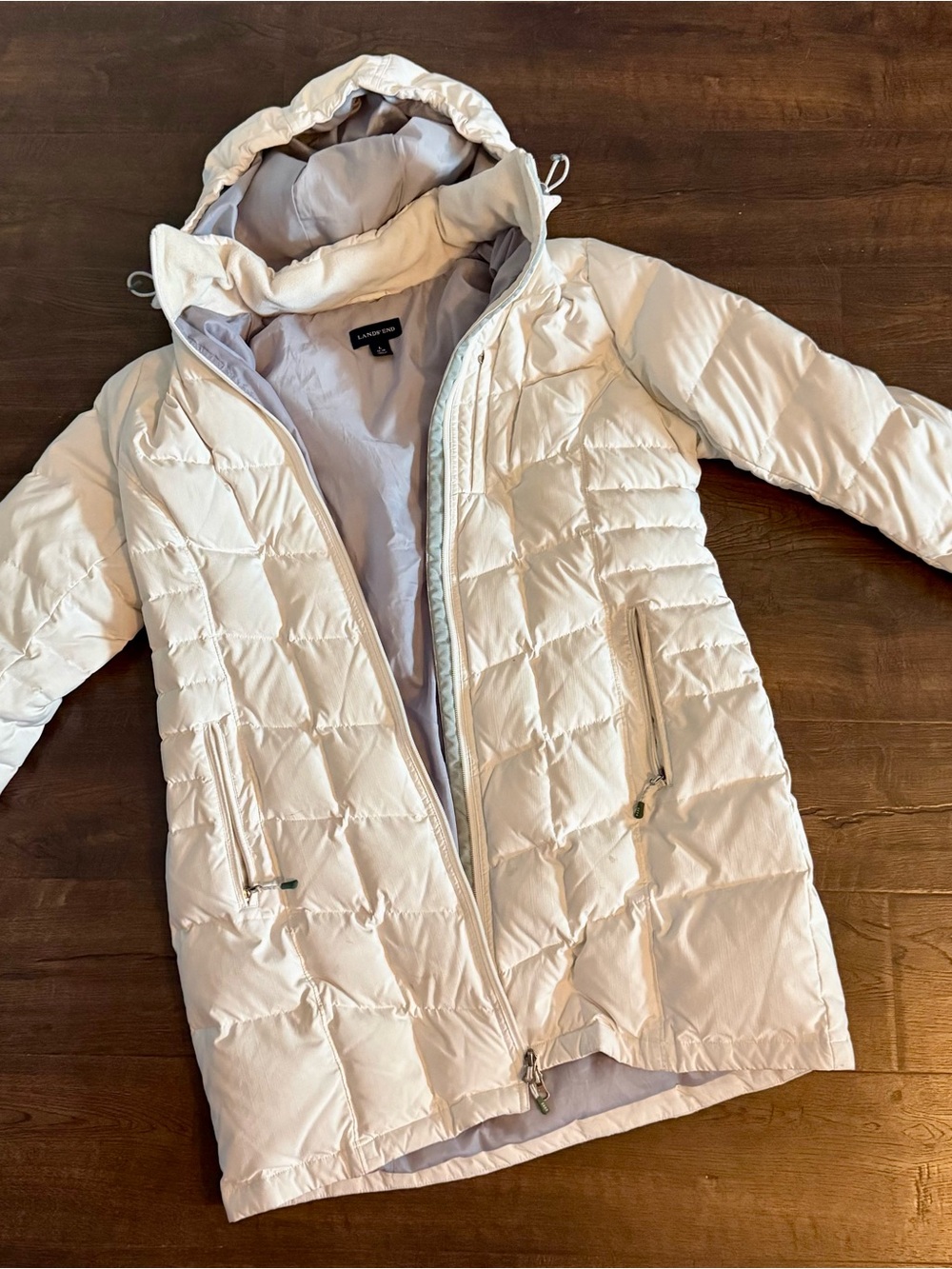 Lands' End Cream Quilted Hooded Jacket